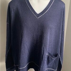 Women’s Eileen Fisher Blue Pullover Sweater V-Neck Long Sleeve Front Pocket M